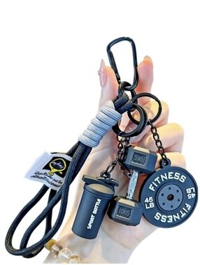 Fitness Keychain Set with Dumbbell, Water Bottle & Weight Plate - Black